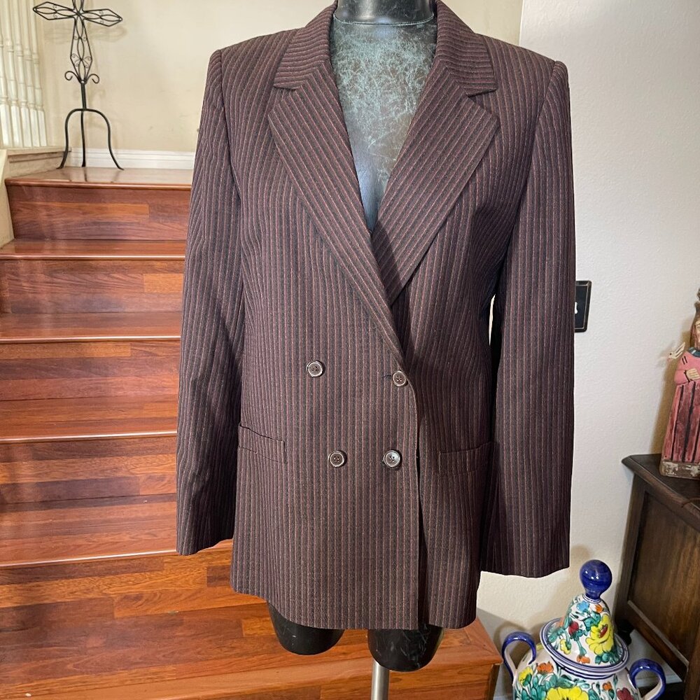 Via Veneto Women's Sz 12 Wool Blazer Jacket Striped Brown Black Lined Pockets